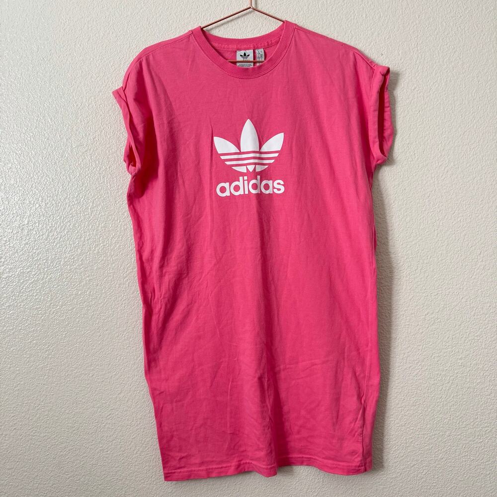 Adidas Adicolor Classics Trefoil Tee Dress Hot Pink rolled cuff short sleeve